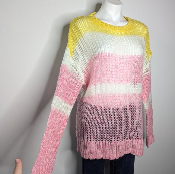 Sundance Pink Yellow White Stripes Loose Knit Long Sleeve Sweater L - Picture 3 of 7